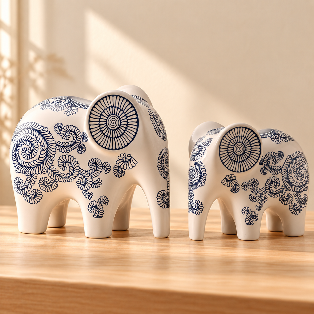 Blue & White Elephant Figurine Set