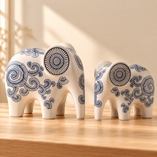 Blue & White Elephant Figurine Set