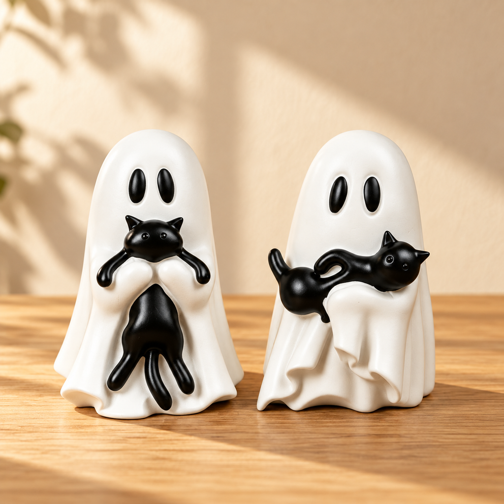 Ghost & Black Cat Figurine Set
