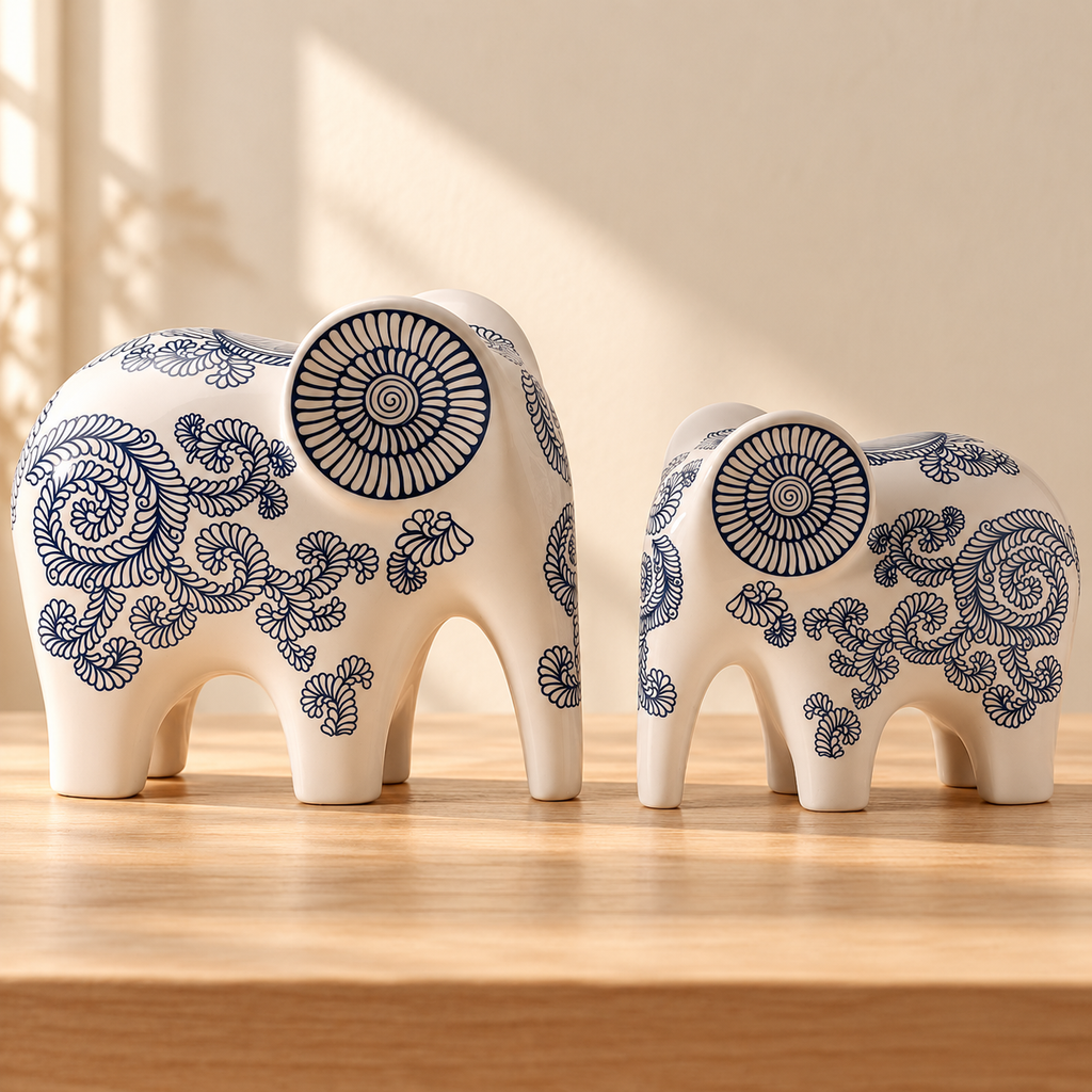 Blue & White Elephant Figurine Set
