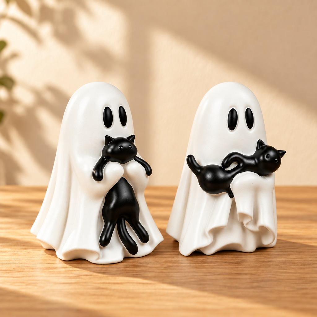 Ghost & Black Cat Figurine Set