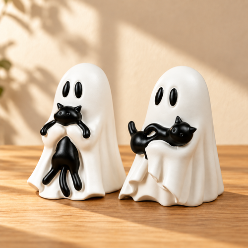 Ghost & Black Cat Figurine Set