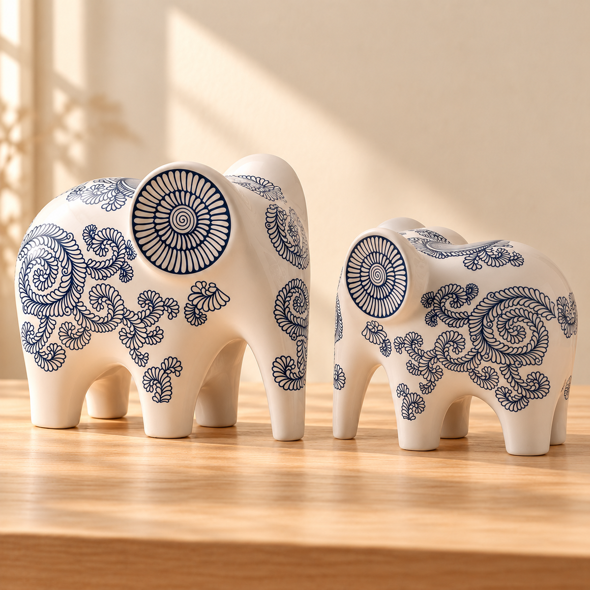 Blue & White Elephant Figurine Set